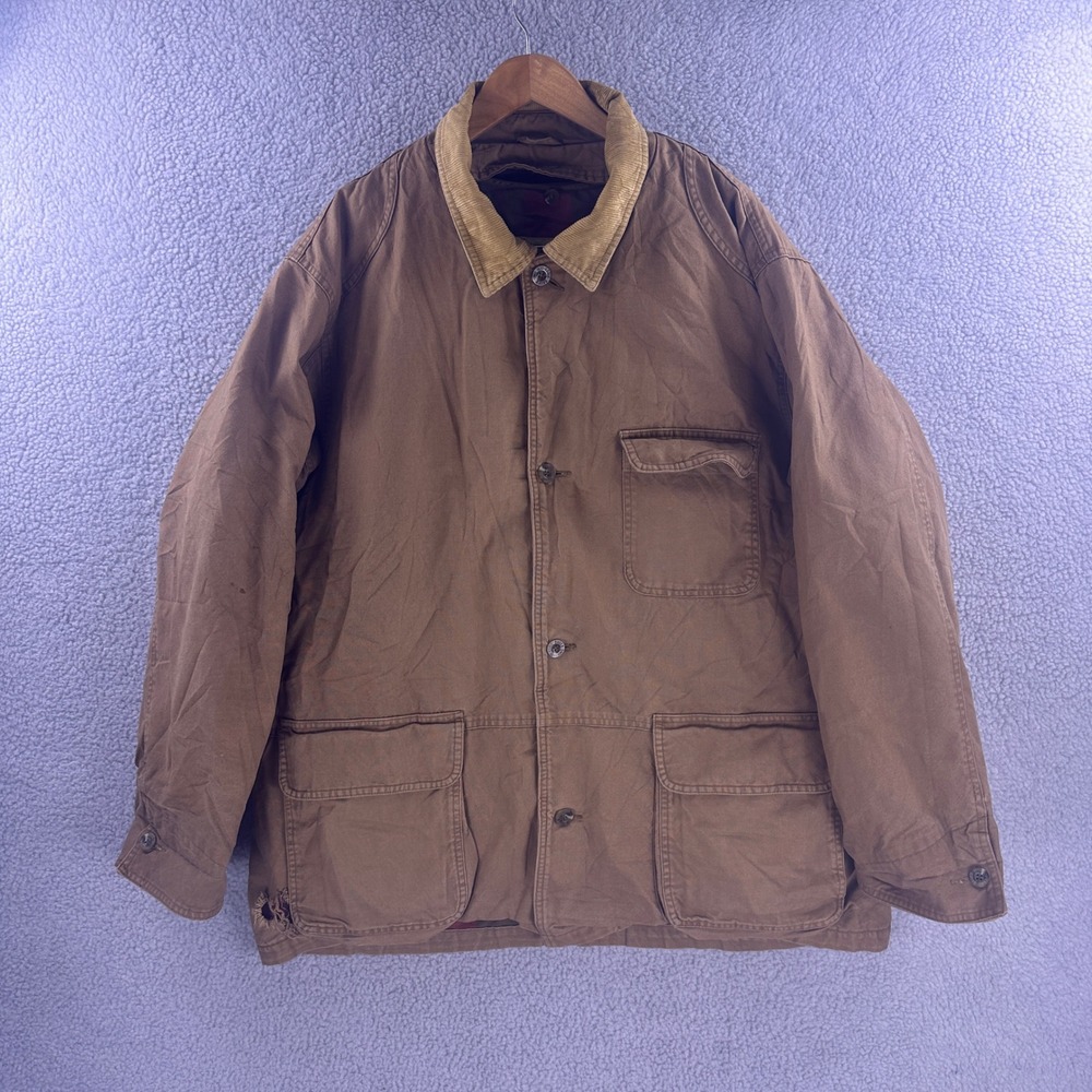 Vintage Eddie Bauer Mens Tan Barn Chore Coat Corduroy Collar Distressed Large